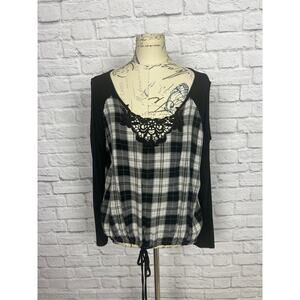 Venus Black and White Plaid Top With Peep Hole Shoulders